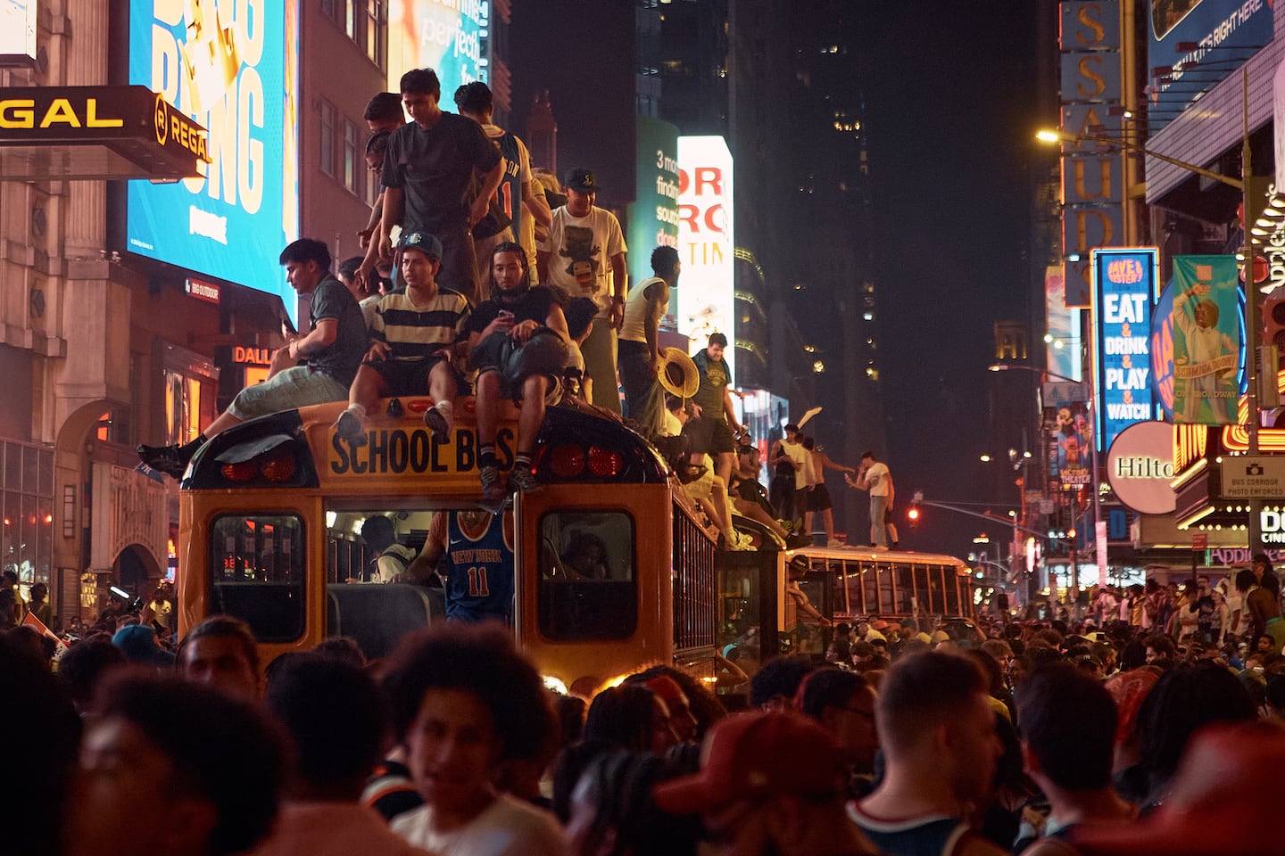 New York Knicks fans celebrate in the streets after the Knicks won against the San Antonio Spurs to win the NBA Finals, on June 14, 2026, in New York.
