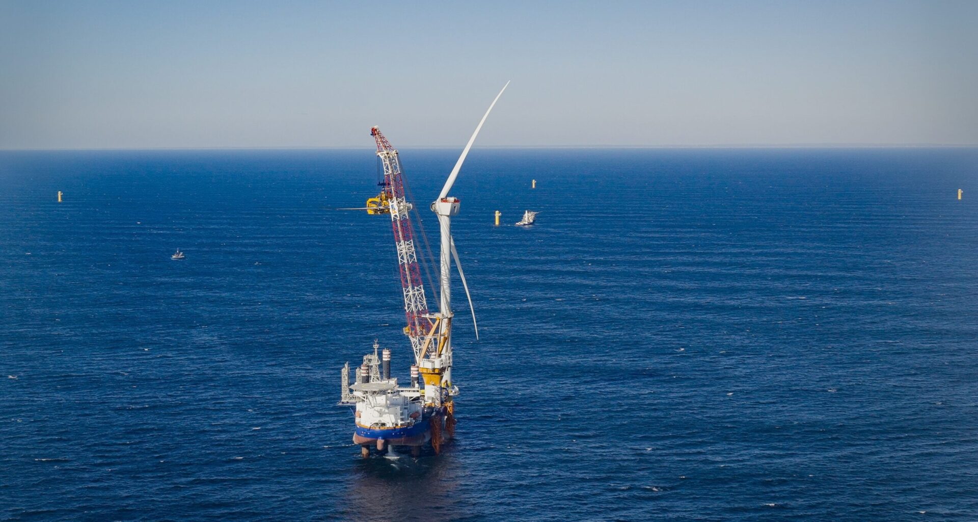 Photo shows the installation of the first offshore wind turbine at South Fork Wind