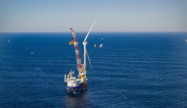 Photo shows the installation of the first offshore wind turbine at South Fork Wind