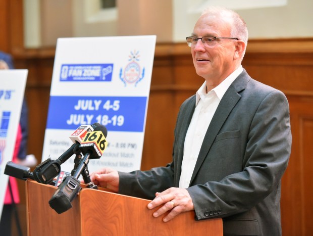 Times-Shamrock Communications Senior Vice President and Market Manager for NEPA Radio & Digital Terry Deitz speaks during a press conference on the FIFA Fan Zone in the Governor's Room of City Hall in downtown Scranton. Tuesday, June. 23, 2026. (SEAN MCKEAG/ STAFF PHOTOGRAPHER)