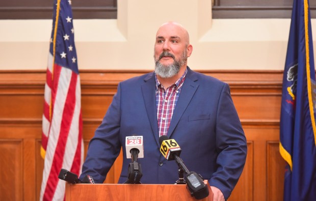 Curt Camoni, executive director at the Lackawanna County Convention and Visitors Bureau, speaks during a press conference on the FIFA Fan Zone in the Governor's Room of City Hall in downtown Scranton Tuesday, June 23, 2026. (SEAN MCKEAG / STAFF PHOTOGRAPHER)