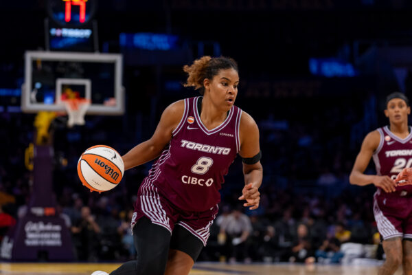 Toronto Tempo forward Nyara Sabally drives to the basket against the Los Angeles Sparks during a WNBA basketball game in Los Angeles, Friday, May 15, 2026. (AP Photo/Jeff Lewis)