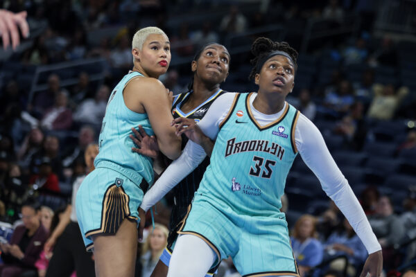 CHICAGO, USA - June 17: Jonquel Jones (35 New York Liberty) and Satou Sabally (0 New York Liberty) box out Elizabeth Williams (1 Chicago Sky) during the WNBA Commissioner's Cup game between the Chicago Sky and New York Liberty at Wintrust Arena on Wednesday, June 17 in Chicago, USA (Photo by Shaina Benhiyoun/SPP/Sipa USA)(Sipa via AP Images)