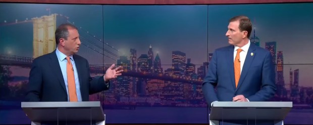 Brad Lander, left, and Rep. Dan Goldman participate in the first debate in their contentious Democratic primary in the NY-10 district on Monday, June 1, 2026. (NY1)