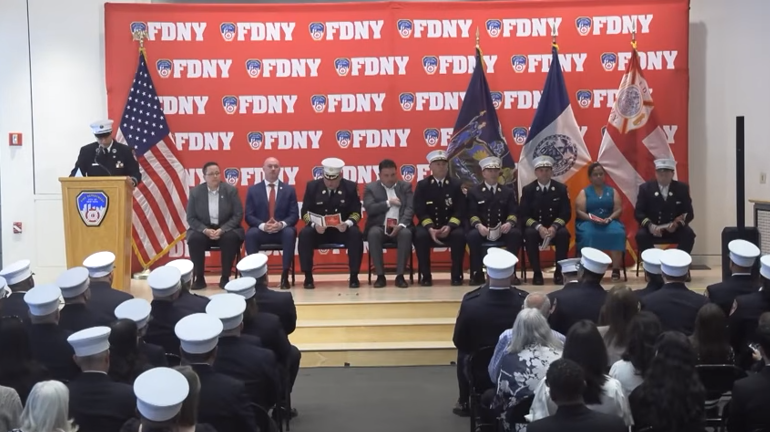 FDNY Commissioner Lillian Bonsignore swears in EMS officers at ceremony in Brooklyn