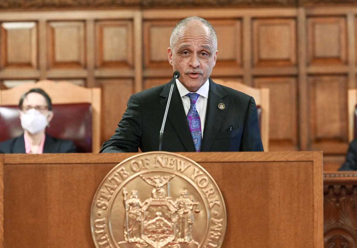 New York Court of Appeals Chief Judge Rowan Wilson speaking at podium with microphone