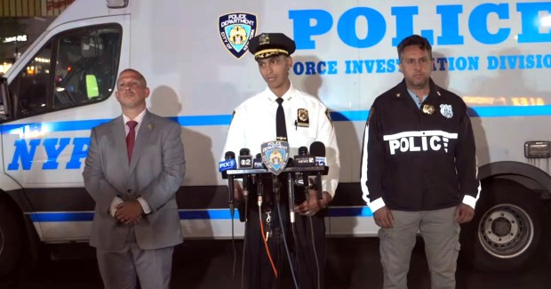 NYPD Assistant Chief Aneudy Castillo (center), Commanding Officer Bronx North, gives an update on a police-involved shooting in the Bronx on Sunday, June 21, 2026. (NYPD) 