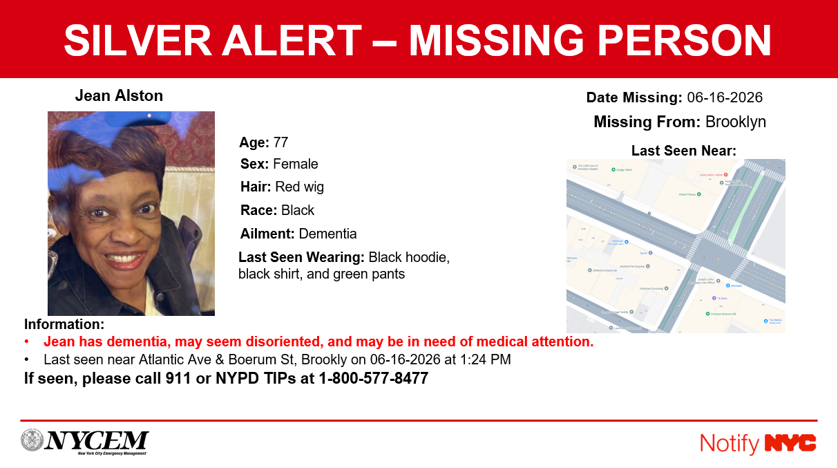 This 77-year-old woman was last spotted Tuesday on Boerum Place near Atlantic Avenue, according to a map from NYCEM. Photo: NYCEM