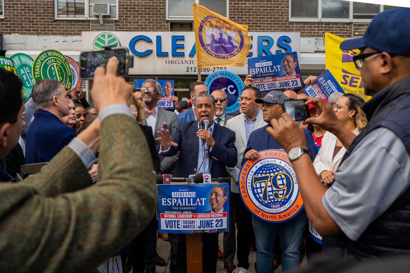 Rep. Adriano Espaillat (D-N.Y.), who is running for re-election, at a campaign rally with labor leaders in the Harlem neighborhood of New York, on May 30.