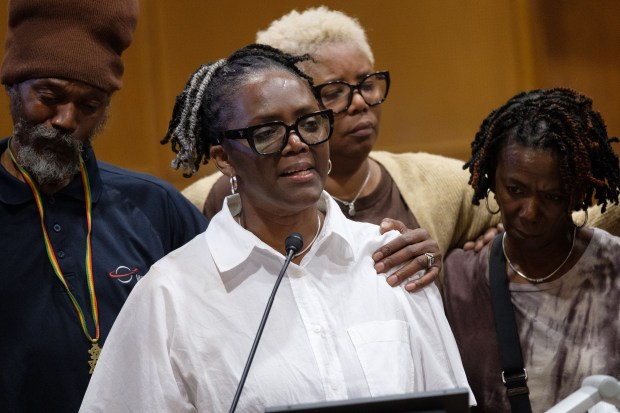 Petula Thomas, center, sister of murder victim Wayne Thomas, addresses the court at the sentencing of convicted killer David Daniel at Queens Criminal Court in New York City on Tuesday, June 9, 2026. (Gardiner Anderson / New York Daily News)