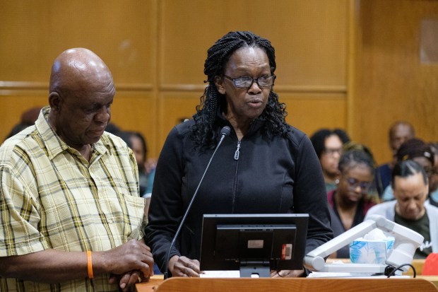 Wendy Fields, sister of murder victim Coleen Fields, addresses the court at the sentencing of convicted killer David Daniel at Queens Criminal Court in New York City on Tuesday, June 9, 2026. (Gardiner Anderson / New York Daily News)