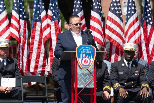FDNY Commissioner Lillian Bonsignore speaks at a a ceremony commemorating the 25th anniversary of the 2001 Father's Day fire on Astoria Blvd. and 14th St. in Queens, New York on Wednesday, June 17, 2026. (Gardiner Anderson / New York Daily News)