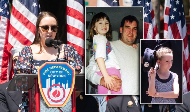 Joanne Downing (main), daugher of Firefighter John Downing, speaks at at a ceremony commemorating the 25th anniversary of the 2001 Father's Day fire on Astoria Blvd. and 14th St. in Queens, New York on Wednesday, June 17, 2026. Joanne is pictured inset with her father in 1998, and at his funeral in 2001. (Gardiner Anderson / New York Daily News; Mike Albans; Courtesy of family)