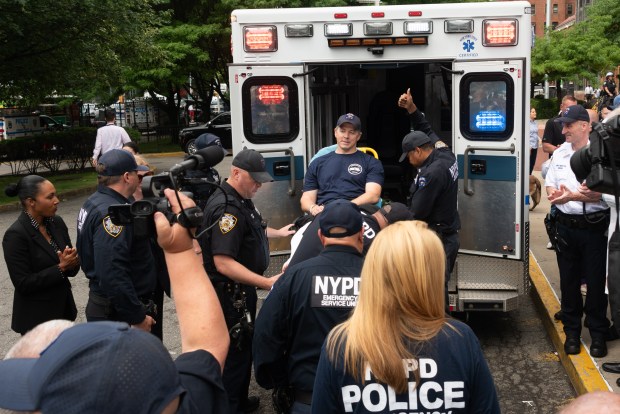 NYPD Detective Matthew Gale is discharged from Kings County Hospital Center in Brooklyn, New York on Tuesday, June 23, 2026. Gale was shot in the leg by a barricaded suspect in Bedford-Stuyvesant on June 19. (Gardiner Anderson / New York Daily News)