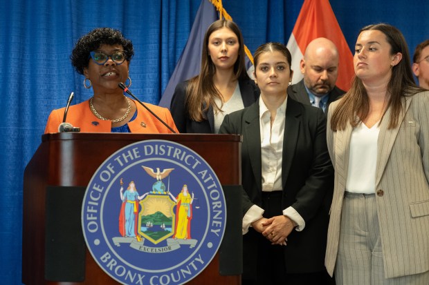 Bronx DA Darcel Clark speaks alongside NYPD Commissioner Jessica Tisch during a press conference related to a gang in "The Hub" of the Bronx Monday, June 15, 2026 in the Bronx. (Barry Williams/ New York Daily News)
