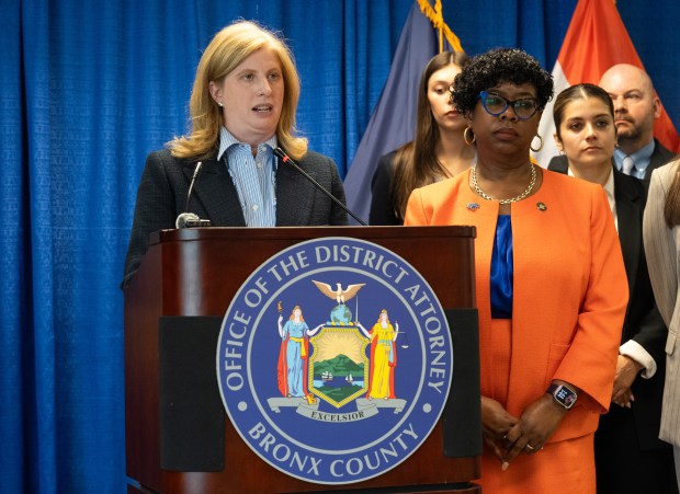 NYPD Commissioner Jessica Tisch speaks alongside Bronx DA Darcel Clark during a press conference related to a gang in "The Hub" of the Bronx Monday, June 15, 2026 in the Bronx. (Barry Williams/ New York Daily News)