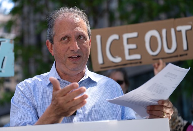 Brad Lander speaks outside Jacob Javits Federal Building Wednesday, May 20, 2026 in Manhattan, New York. 