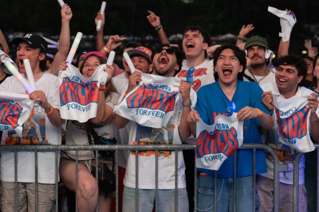 Knicks fans enjoy the NBA Finals Game 5 watch party at Wollman Rink in Central Park Saturday, June 13, 2026 in Manhattan, New York. (Barry Williams/ New York Daily News)