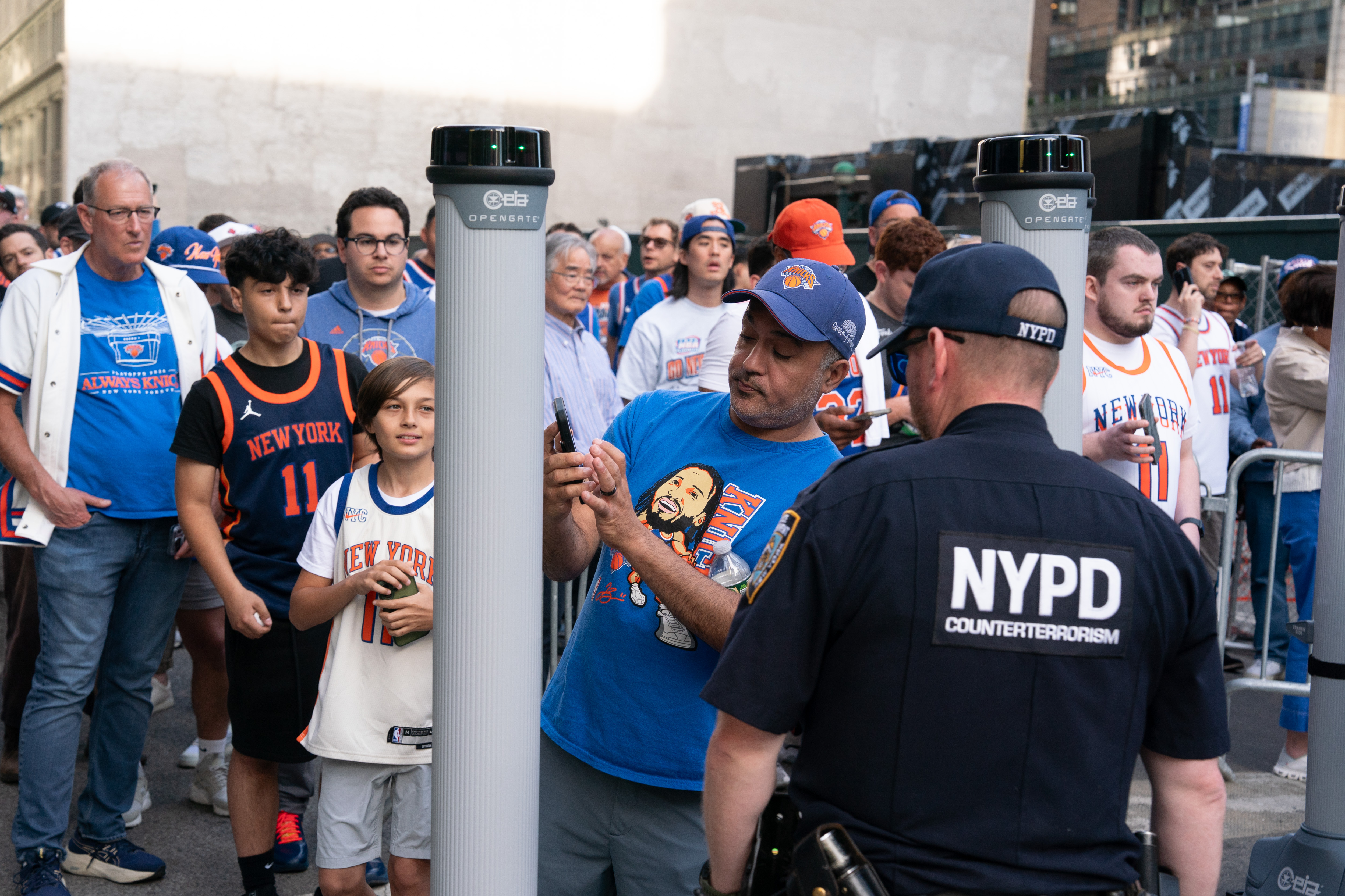 Knicks' fans wait to be screened by the NYPD outside Madison Square Garden Monday, June 8, 2026 in Manhattan, New York. (Barry Williams/ New York Daily News)