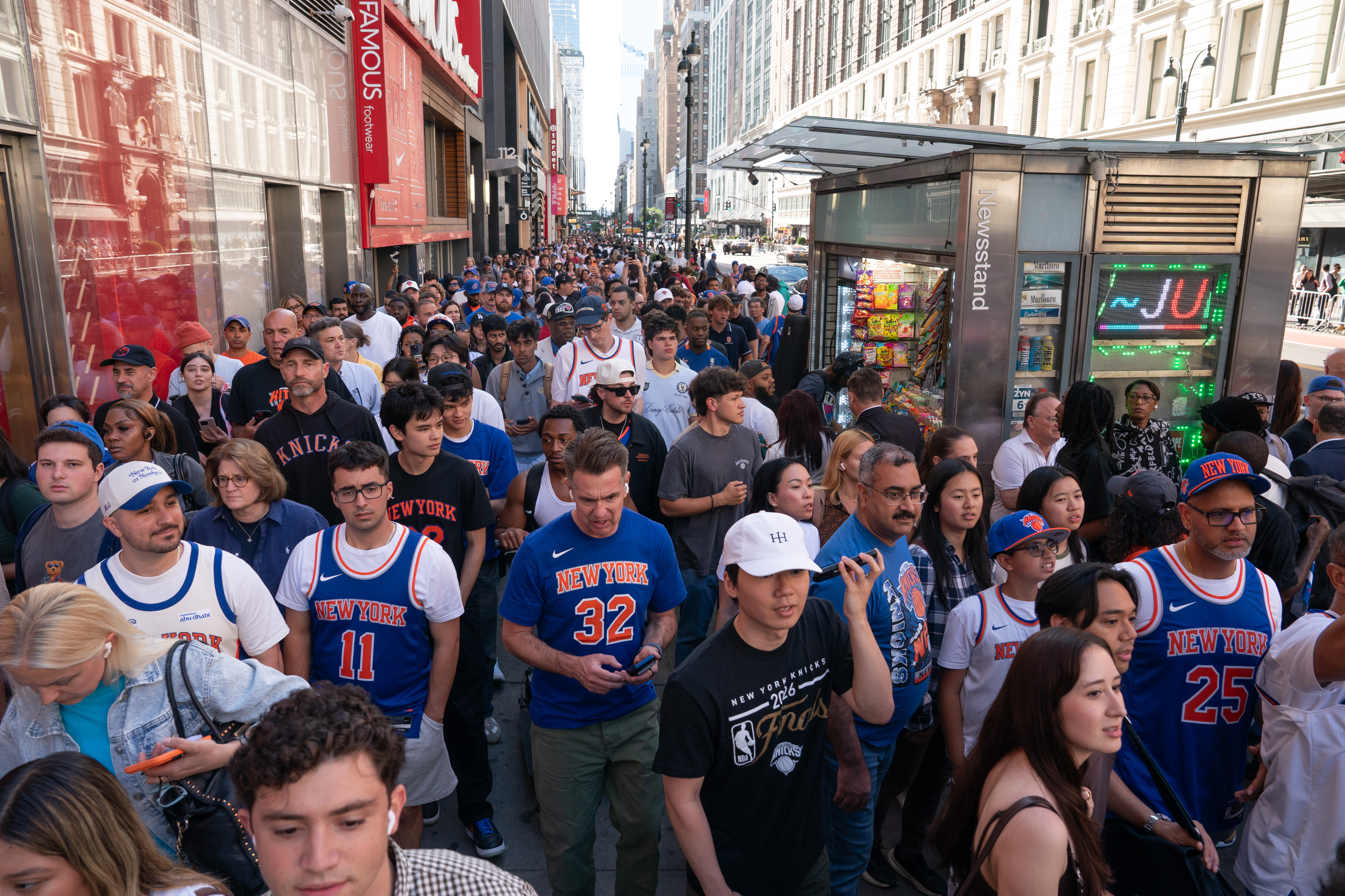 Knicks' fans crowd W. 34th St. near Seventh Ave. near Madison Square Garden Monday, June 8, 2026 in Manhattan, New York. (Barry Williams/ New York Daily News)