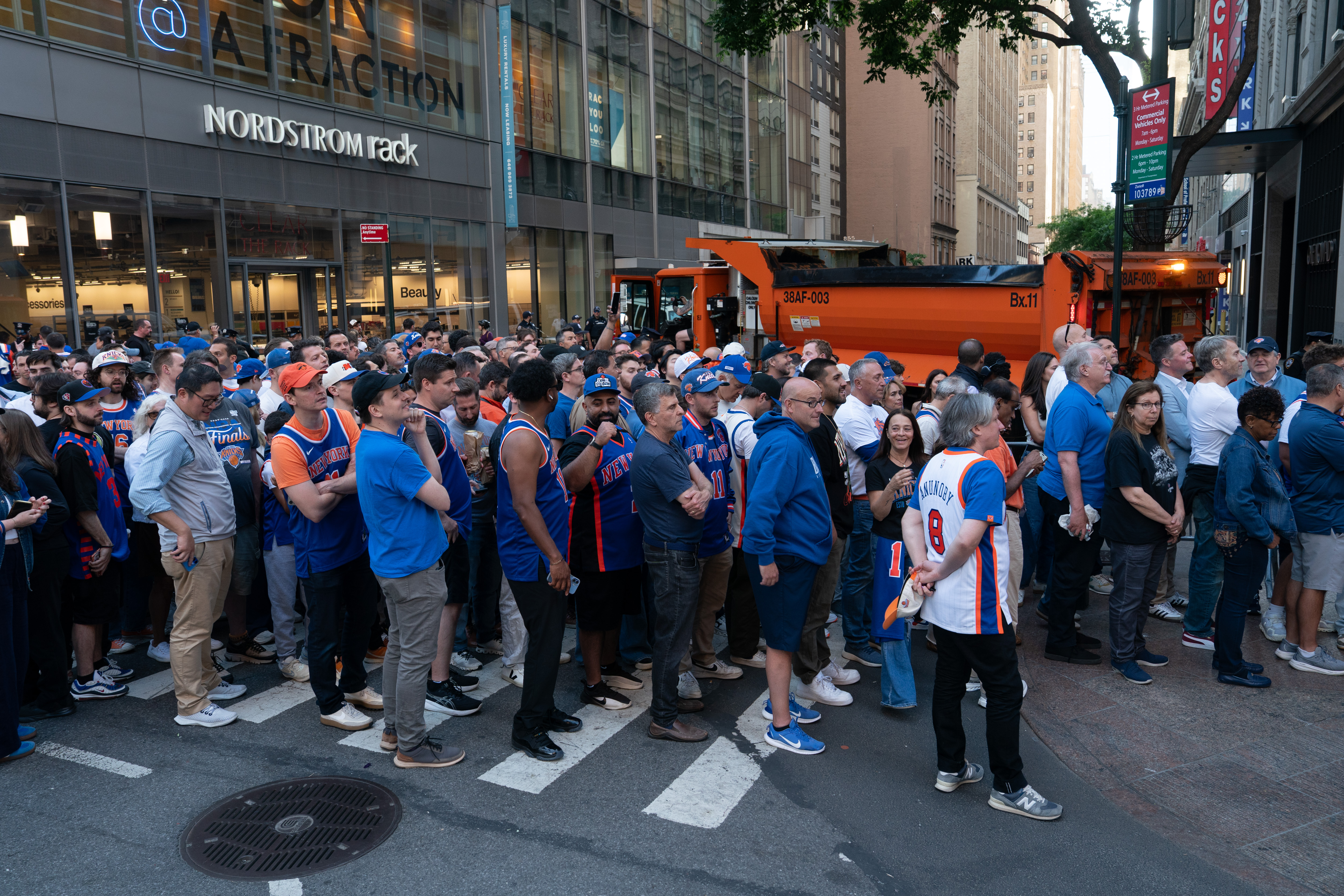 Knicks' fans wait to be screened by the NYPD on W. 33rd St. outside Madison Square Garden Monday, June 8, 2026 in Manhattan, New York. (Barry Williams/ New York Daily News)