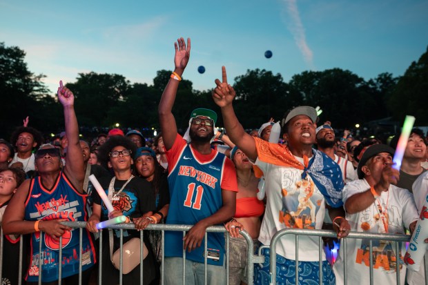 Knicks fans enjoy the NBA Finals Game 5 watch party at Wollman Rink in Central Park Saturday, June 13, 2026 in Manhattan, New York. (Barry Williams/ New York Daily News)