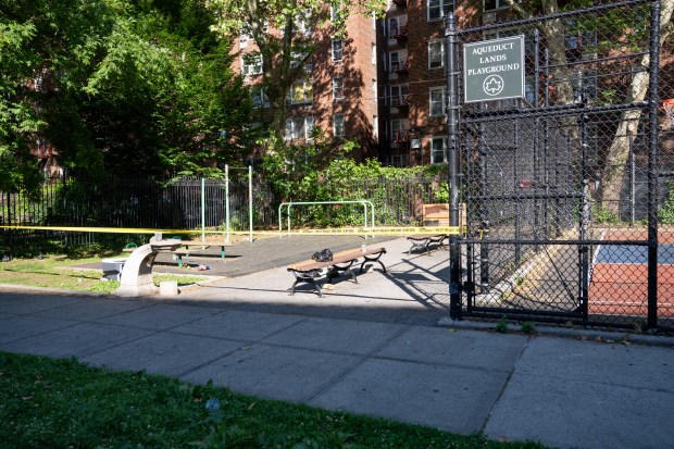 Police investigate after Reyna Caceres was fatally shot in the left eye on Aqueduct Ave. near W. 181st St. in the Bronx on Thursday, May 28, 2026. (Theodore Parisienne / New York Daily News)