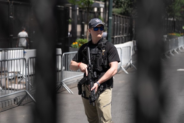 A USSS officer stands post in the newly-secured and fenced-in area on W. 33rd St. outside Madison Square Garden Monday, June 8, 2026 in Manhattan, New York. (Barry Williams/ New York Daily News)