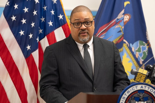 Manhattan District Attorney Alvin Bragg speaks to the media during a press conference Thursday, May 28, 2026, in Manhattan, New York. (Barry Williams/ New York Daily News)