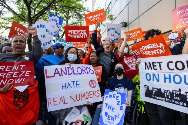 Protesters against rent increases rally before a preliminary vote of the Rent Guidelines Board at the LaGuardia Performing Arts Center in Queens, Wednesday, April 30, 2025. (Shawn Inglima / New York Daily News)