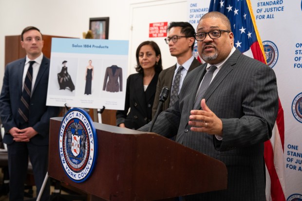 Manhattan DA Alvin Bragg addresses the media during a press conference concerning Andrea Marshall following her arraignment in Manhattan Supreme Court Wednesday, June 17, 2026 in Manhattan, New York. (Barry Williams/ New York Daily News/Pool)