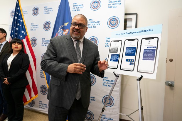 Manhattan DA Alvin Bragg addresses the media during a press conference concerning Andrea Marshall following her arraignment in Manhattan Supreme Court Wednesday, June 17, 2026 in Manhattan, New York. (Barry Williams/ New York Daily News/Pool)