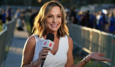 Feb 7, 2022; Westlake Village, CA, USA; ESPN reporter Dianna Russini at Los Angeles Rams Super Bowl LVI Opening Night at Oaks Christian High School. Mandatory Credit: Kirby Lee-USA TODAY Sports