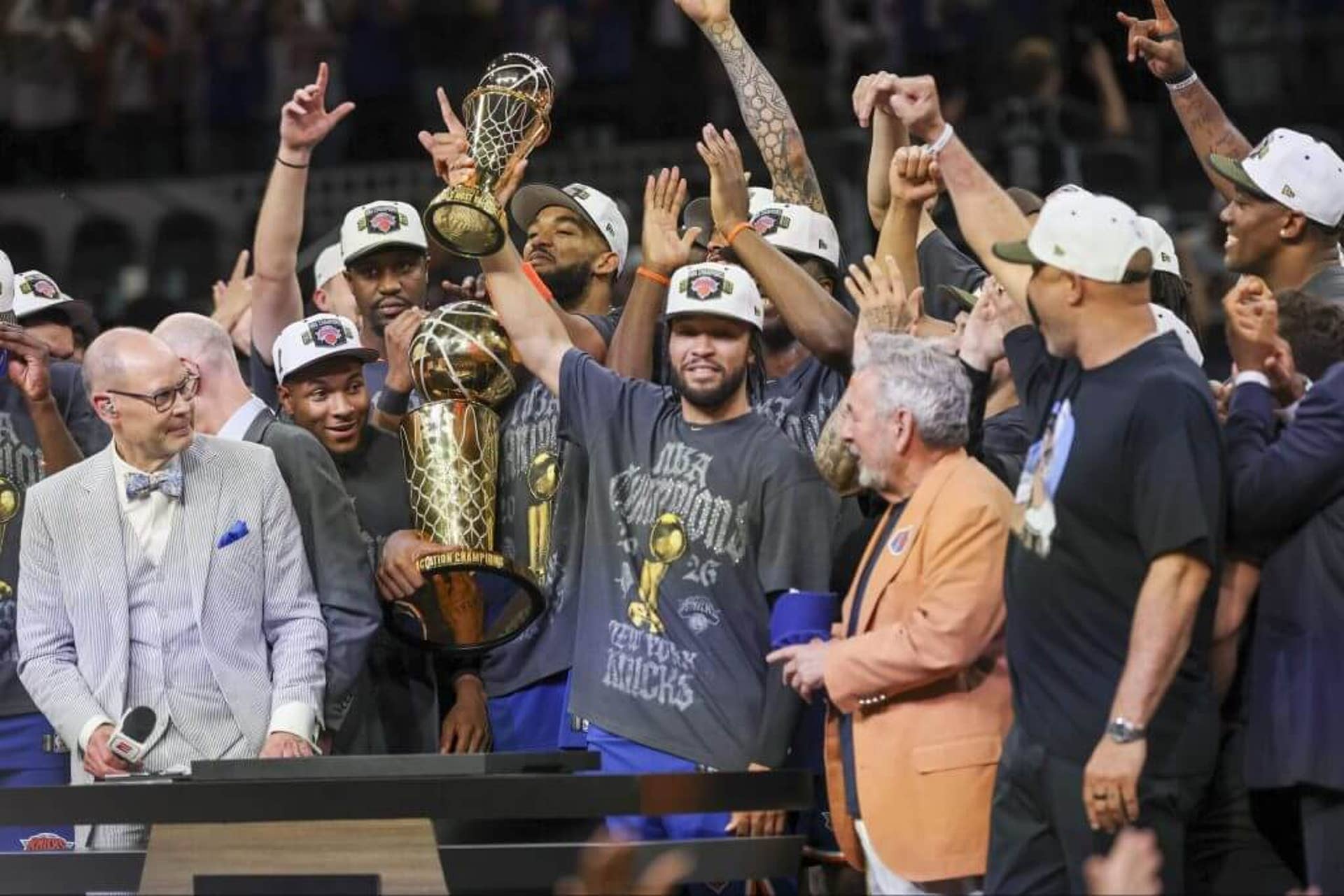 New York Knicks guard Jalen Brunson celebrates with his teammates after the Knicks defeated the San Antonio Spurs in the 2026 NBA Championship.