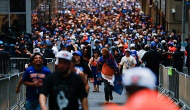 New York Knicks fans pass through a security checkpoint to reach the site of the victory parade for the NBA champions in Lower Manhattan on Thursday.