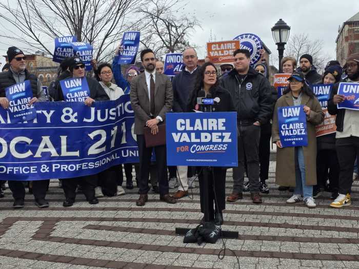 Valdez speaks after receiving an endorsement from Mamdani in January. Photo by Shane O'Brien. 