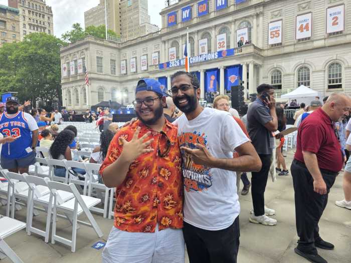 Council Member Shekar Krishnan with MD Ahnaf Hossain, who went viral for his now-famous "my Mayor Muslim" poem. Photo by Shane O'Brien. 