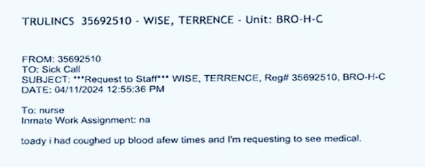 An April 11, 2024 message from Terrence Wise to Sick Call. (Court Document)