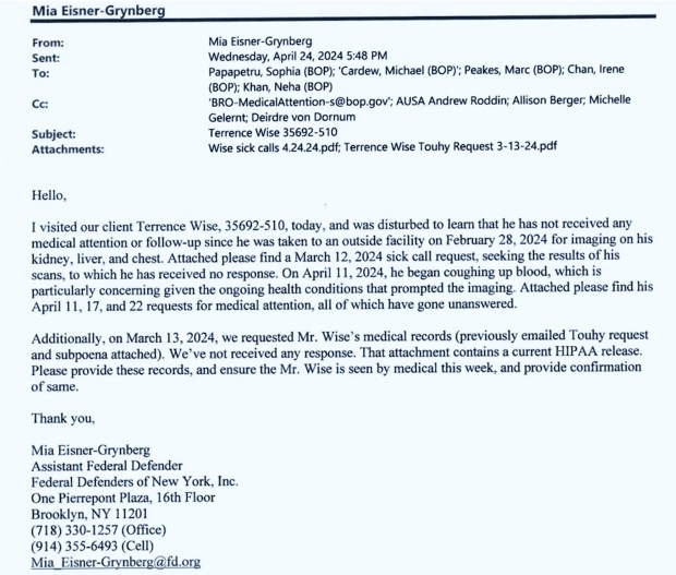 An April 24, 2024 message from Mia Eisner-Grynberg to MDC staff and AUSA Roddin. (Court Document)