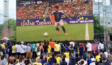 The crowd watches the Japan vs. Netherlands game on the giant screen at the adidas Brooklyn World Cup Fan Zone. Photo: Mary Frost/Brooklyn Eagle