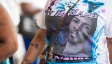 Philly dancer O’Shae Sibley, seen here on a mourner's shirt, was stabbed to death at a Brooklyn gas station in 2023.