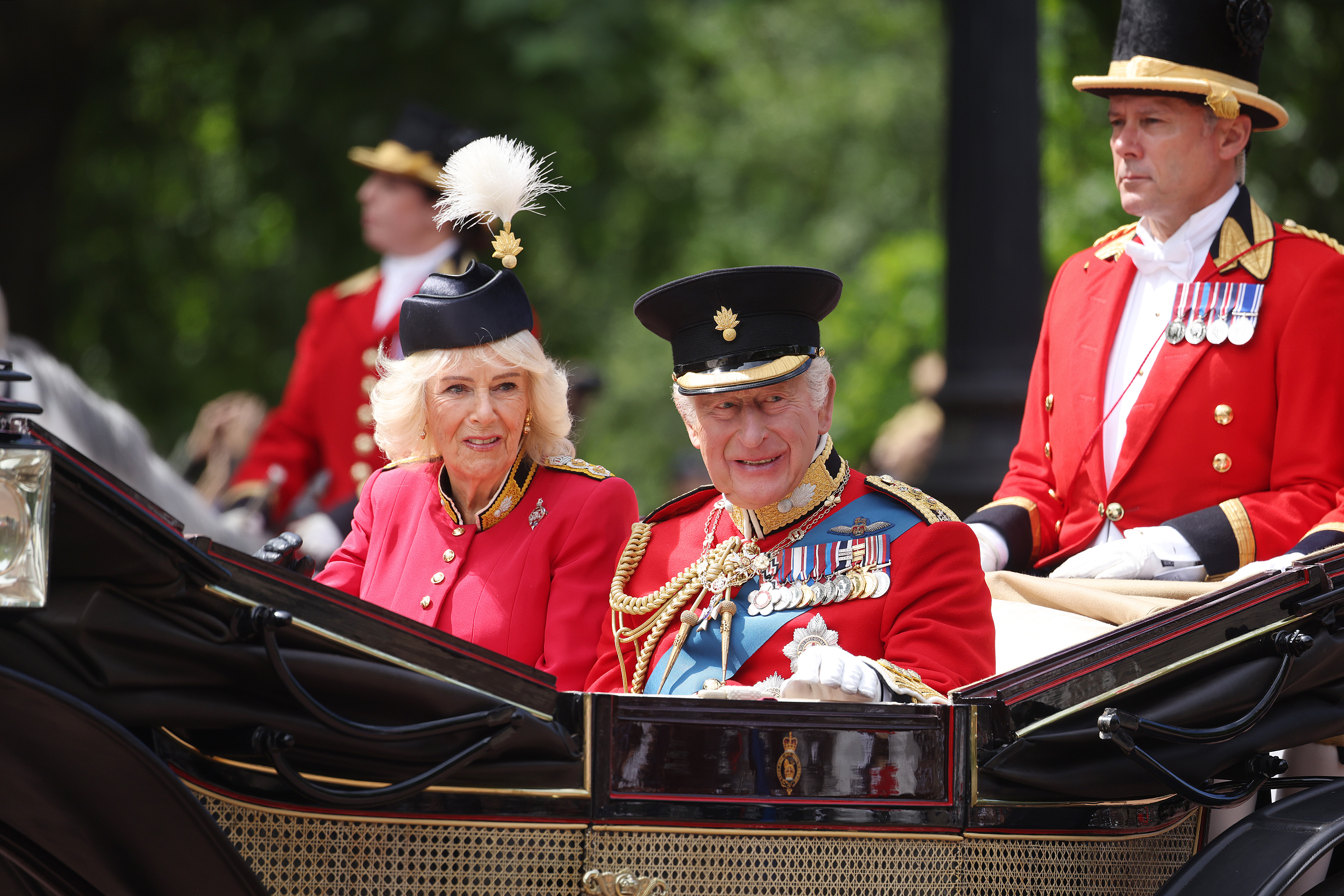 LONDON, ENGLAND - JUNE 13: King Charles III and Queen Camilla during Trooping The Colour 2026 on June 13, 2026 in London, England. (Photo by Neil Mockford/Getty Images)