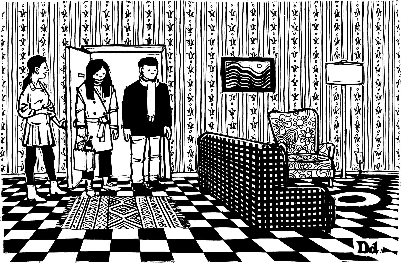Couple stands in the doorway of highly patterned apartment.
