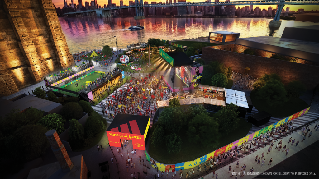 The adidas Fan Zone for the FIFA 2026 World Cup will open Saturday in Brooklyn Bridge Park. Rendering: adidas