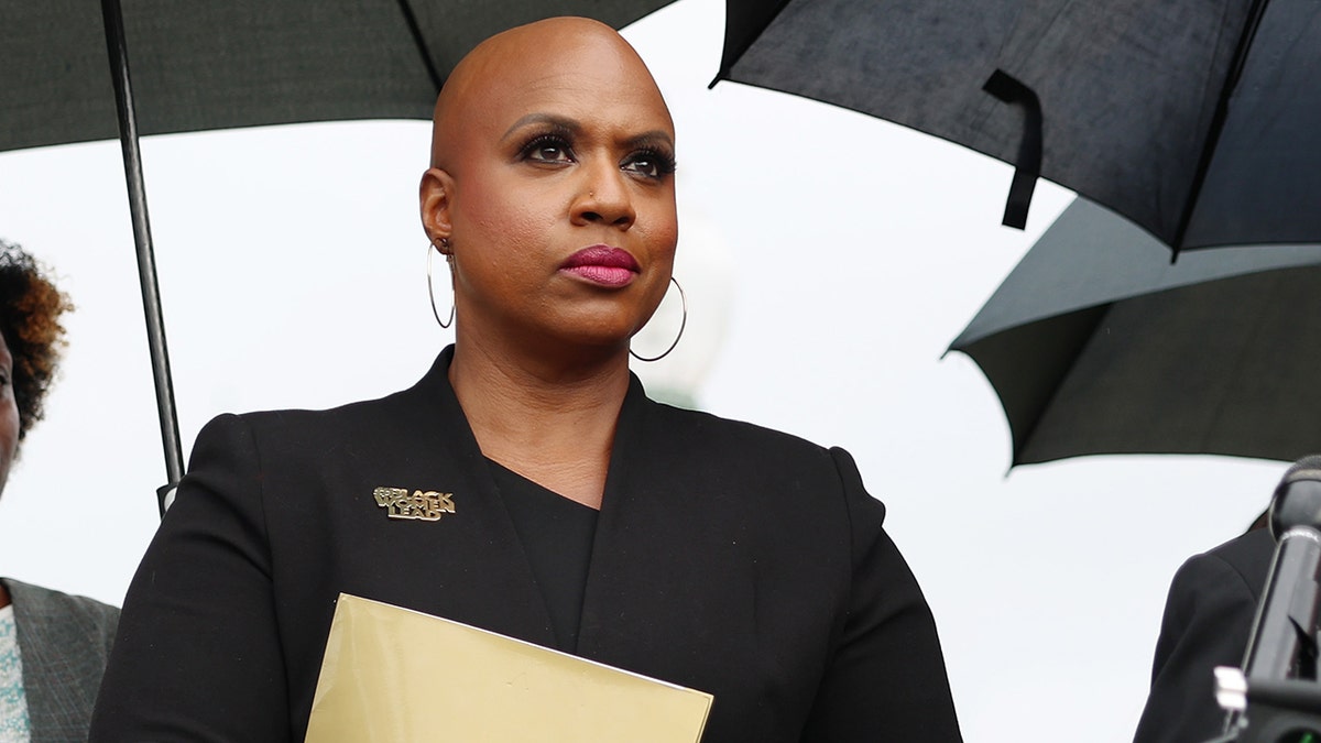 Rep. Ayanna Pressley listens during a news conference near the U.S. Capitol Building in Washington, D.C.