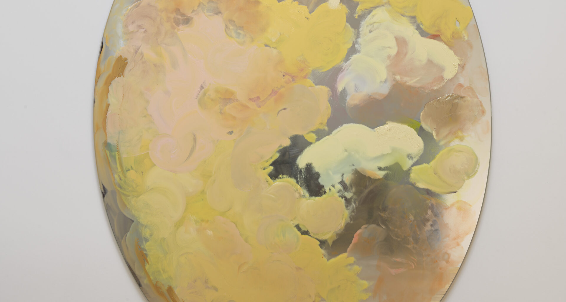 Karla Black, Looking Glass (traditional soon), 2026. Oil paint, glass paint, mirror, 70 ⅞ × 53 ⅛ inches. Courtesy the artist and Rodder. Photo: Genevieve Hanson.