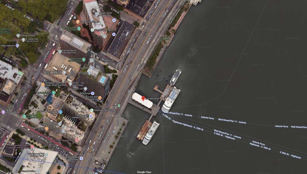 Satellite map of East 34th Street Ferry Landing where a body was found in the East River.