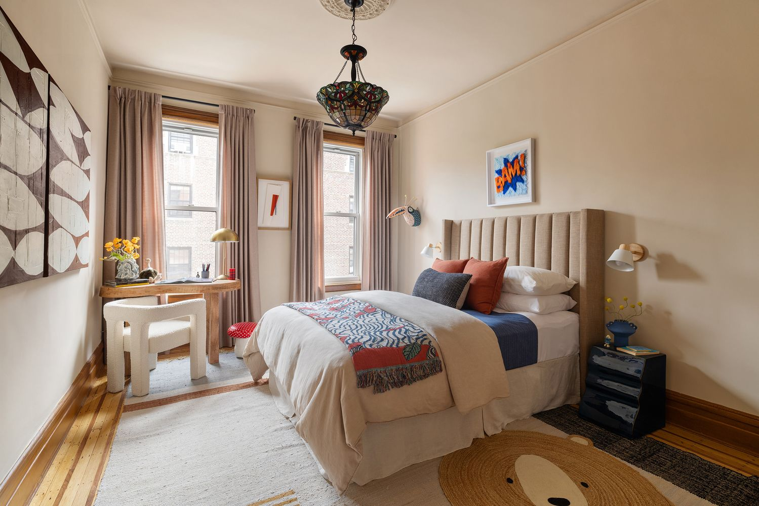 bedroom with two windows, ceiling medallion, wood floor