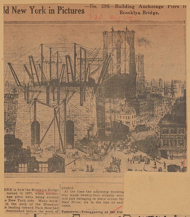 Historical illustration of the construction of the Brooklyn Bridge's anchorage piers in 1877, showing workers and buildings in the surrounding area.