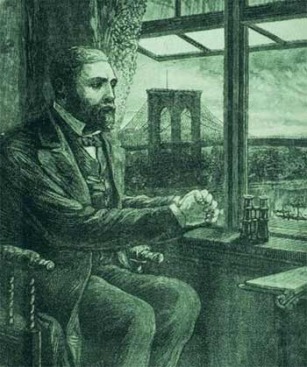 A historical illustration of a man sitting by a window, gazing towards the Brooklyn Bridge in the background.